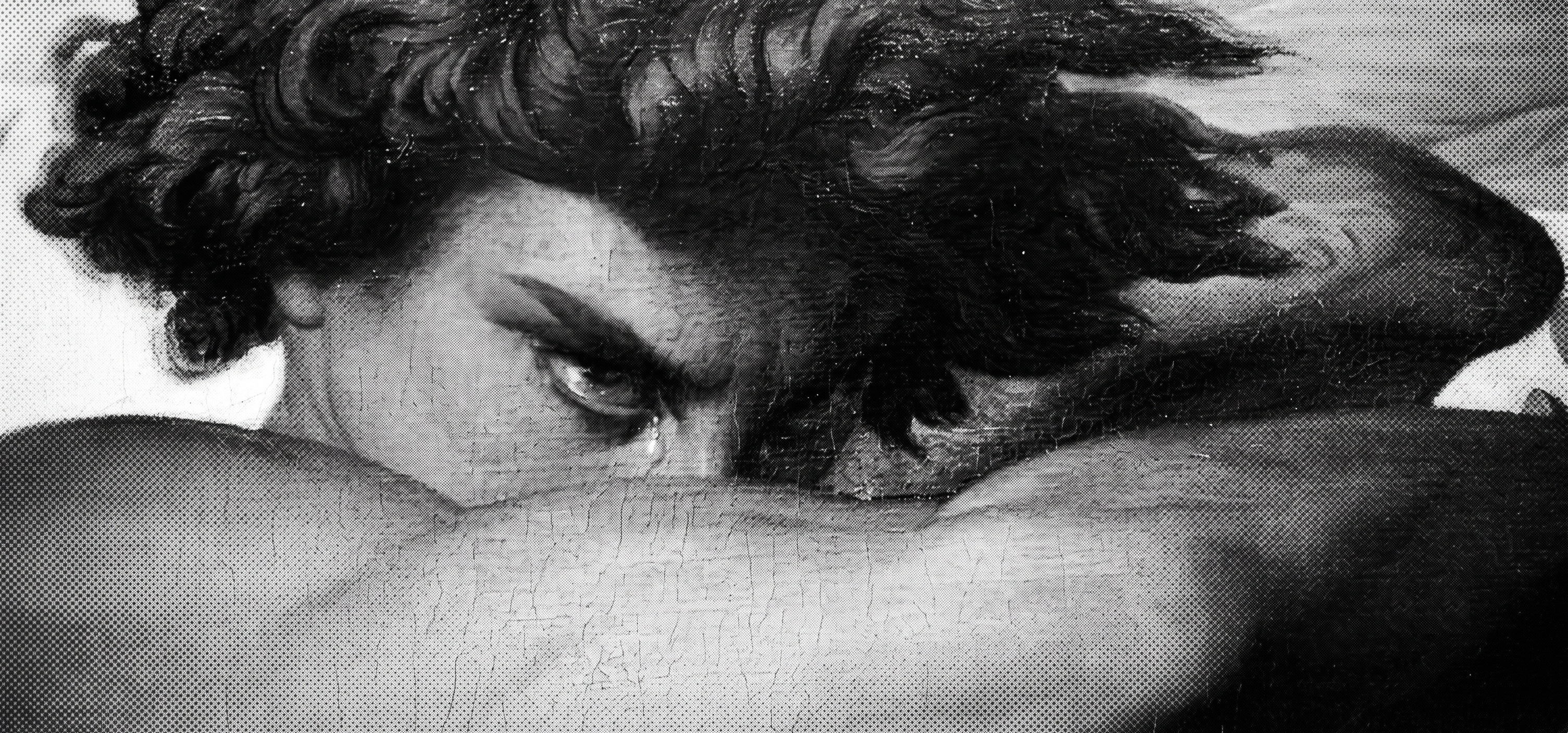 High-contrast halftone close-up of the face in Alexandre Cabanel's Fallen Angel