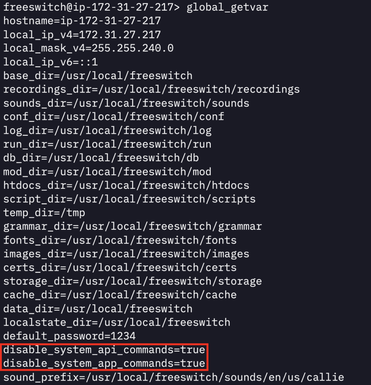 global_getvar output showing system commands disabled