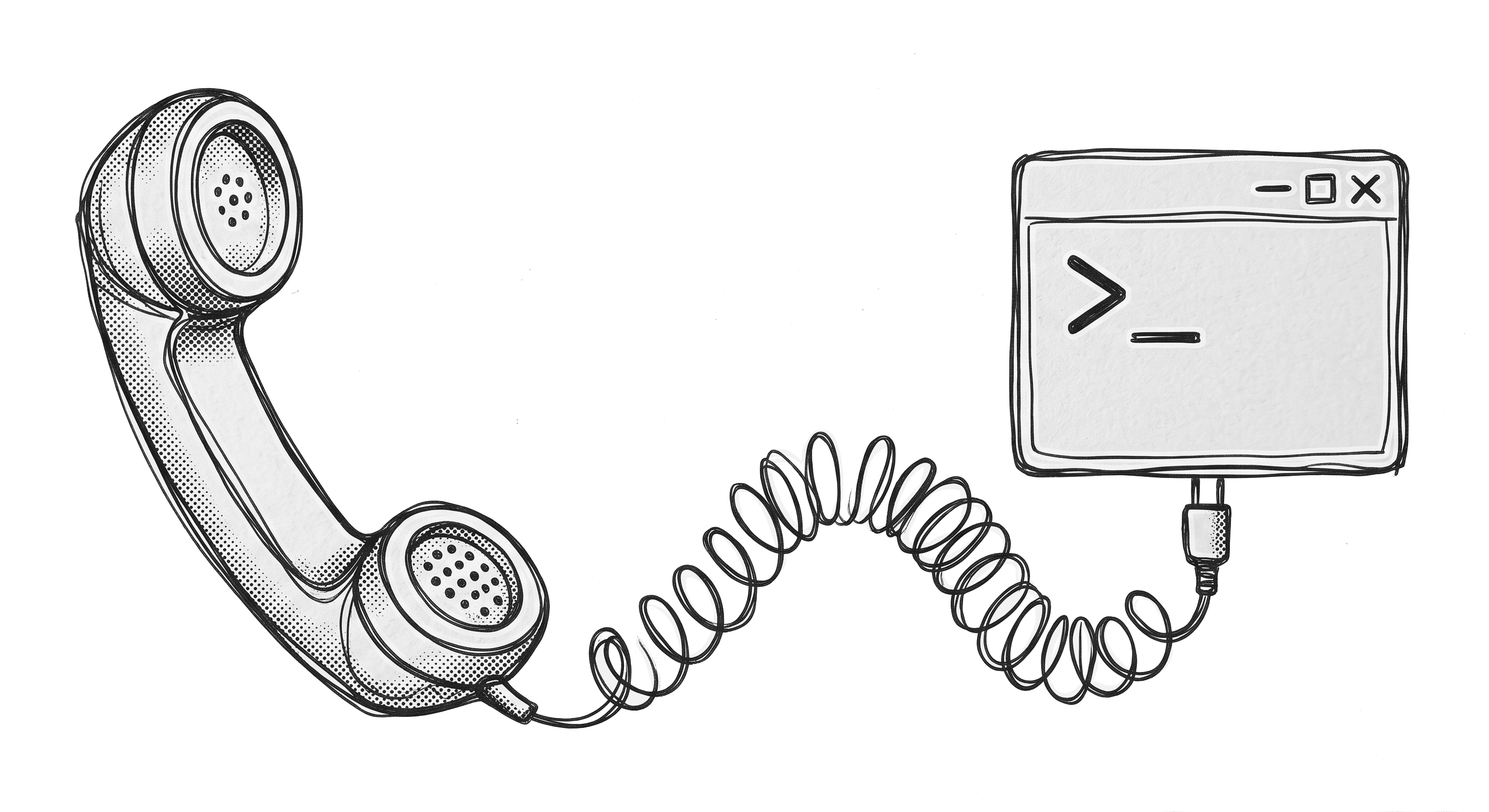 Illustration of a phone handset connected by a coiled cord to a terminal window